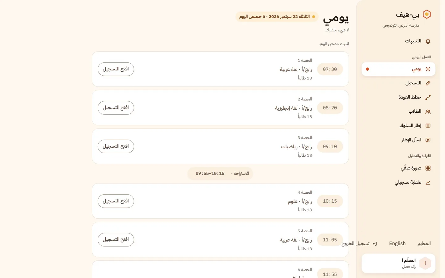 شاشة «يومي» للمعلّم: شريط التاريخ مع خمس حصص اليوم، وبطاقات الحصص بترتيبها، وفي كل بطاقة زرّ «افتح التسجيل».